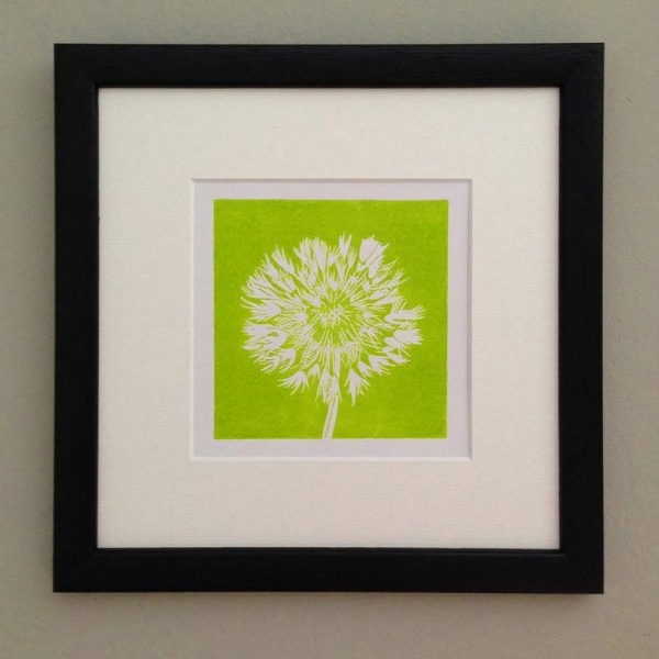 Dandelion linocut print in lime green