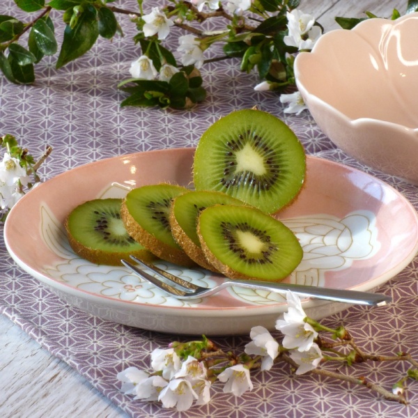 Japanese fruit fork with kiwi fruit on a plate