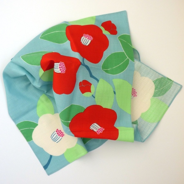 Unfolded Blue Camellia design furoshiki wrapping cloth