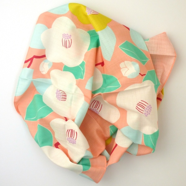 Unfolded Pink Camellia design furoshiki wrapping cloth