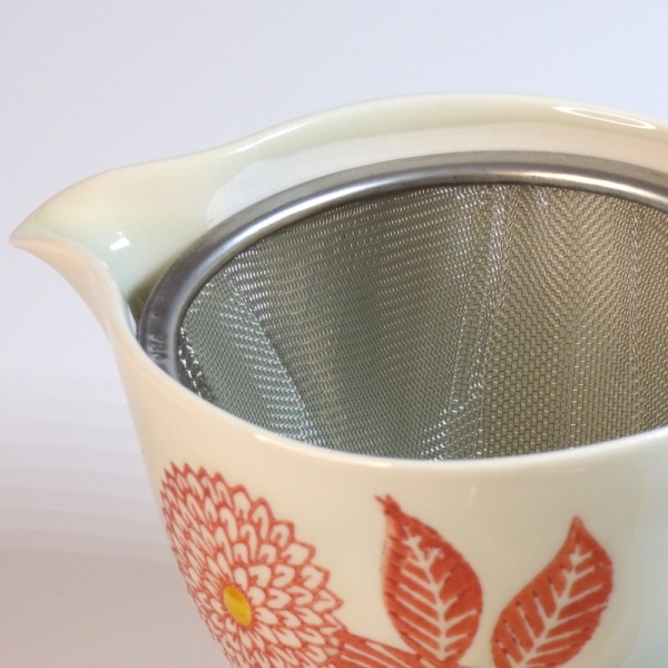 Close up of Red Dahlia kyusu teapot infuser