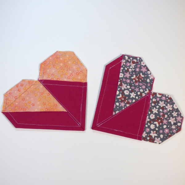 2 Origami Heart fabric coasters in berry colours