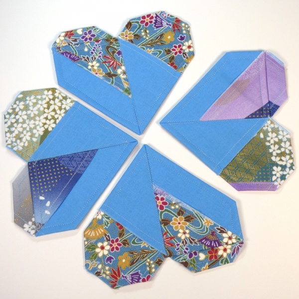 Set of 4 Origami Heart shaped Japanese fabric coasters in blue Mountain River colours