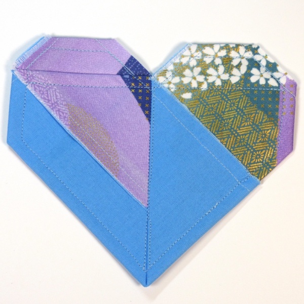 Origami Heart shaped Japanese fabric coaster in blue Mountain River colours