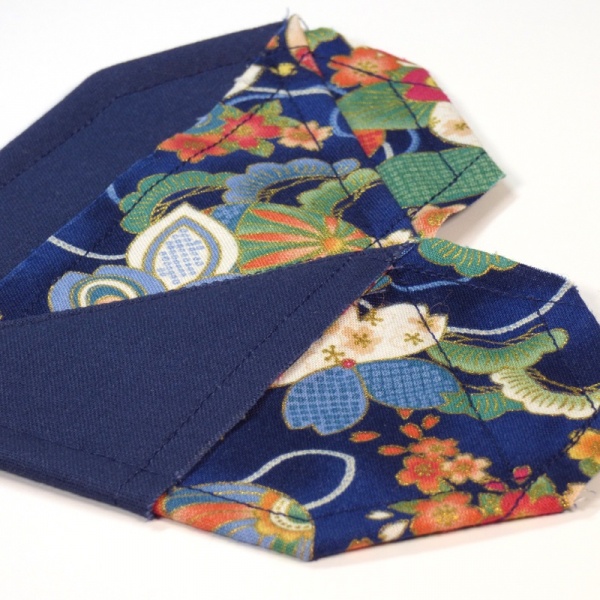 Close up of Japanese fabric heart shaped coaster in dark blue