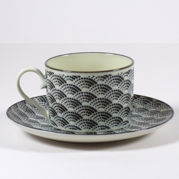 Monochrome Qinghai wave pattern coffee cup with saucer