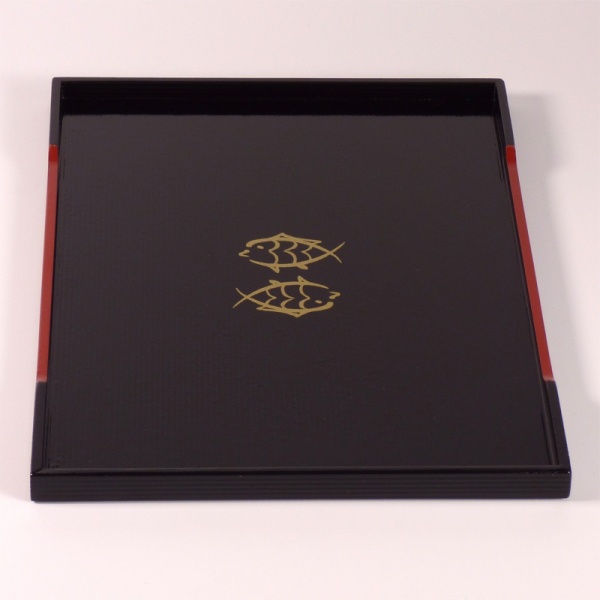 Small black lacquered Japanese serving tray with gold fish decoration