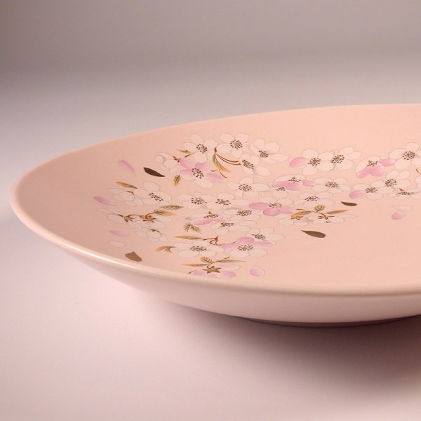 Pink and gold sakura cherry blossom design on pale pink Japanese plate