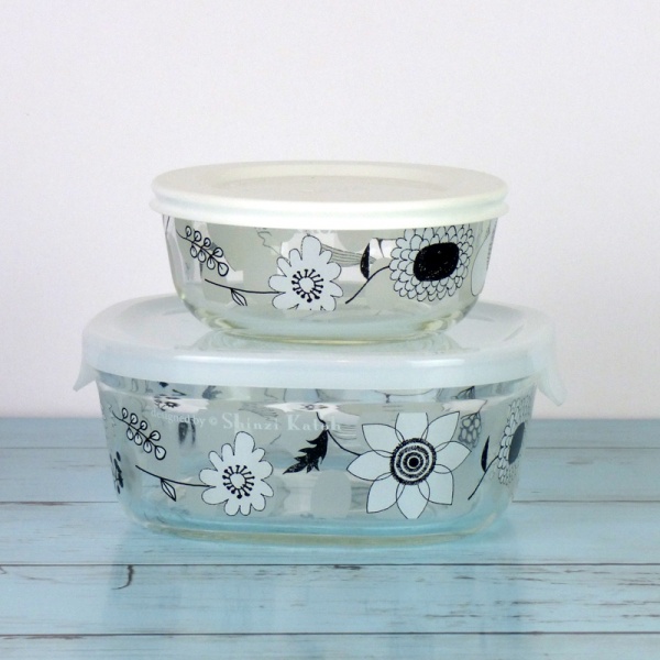 Set of two small glass storage containers with black & white floral design by Shinzi Katoh