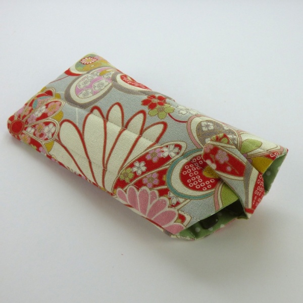 Sunglasses case in pale grey traditional Japanese floral fabric with closed fastening