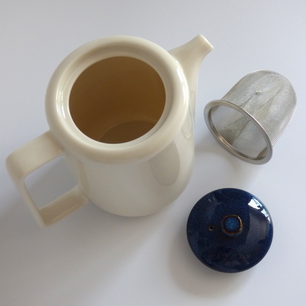 Tall white Japanese teapot with dark blue lid & infuser