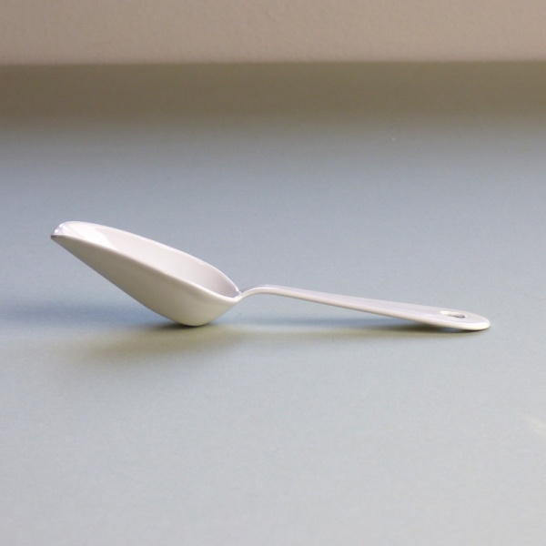 White enamel measuring mini scoop side view