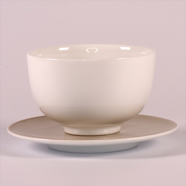 White porcelain Japanese tea bowl with grey saucer