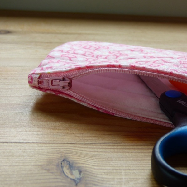 Zip makeup bag or pouch in pink ginkgo leaf pattern fabric - with contents