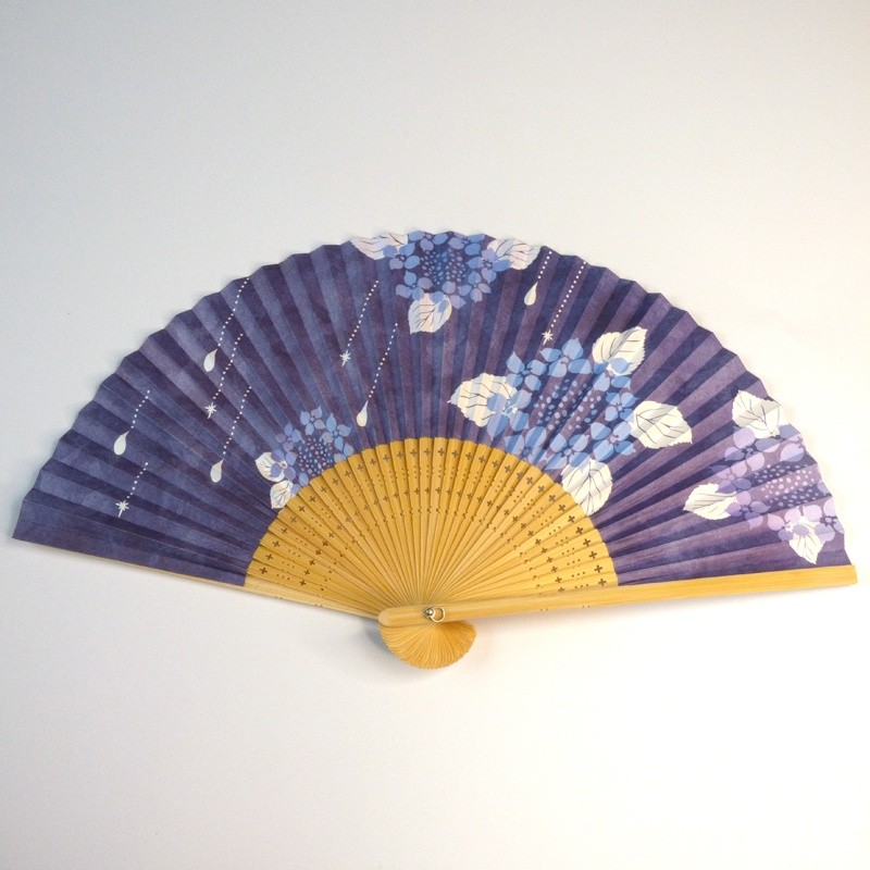 Japanese folding fan with blue hydrangea design