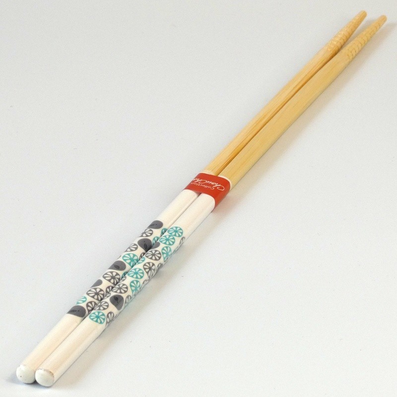 Long Japanese cooking chopsticks with retro design turquoise, grey and white handles